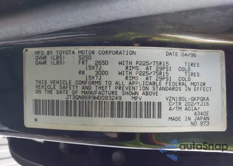 1998 Toyota 4Runner Sr5 V6 from USA, damaged, VIN JT3GN86R9W0083249